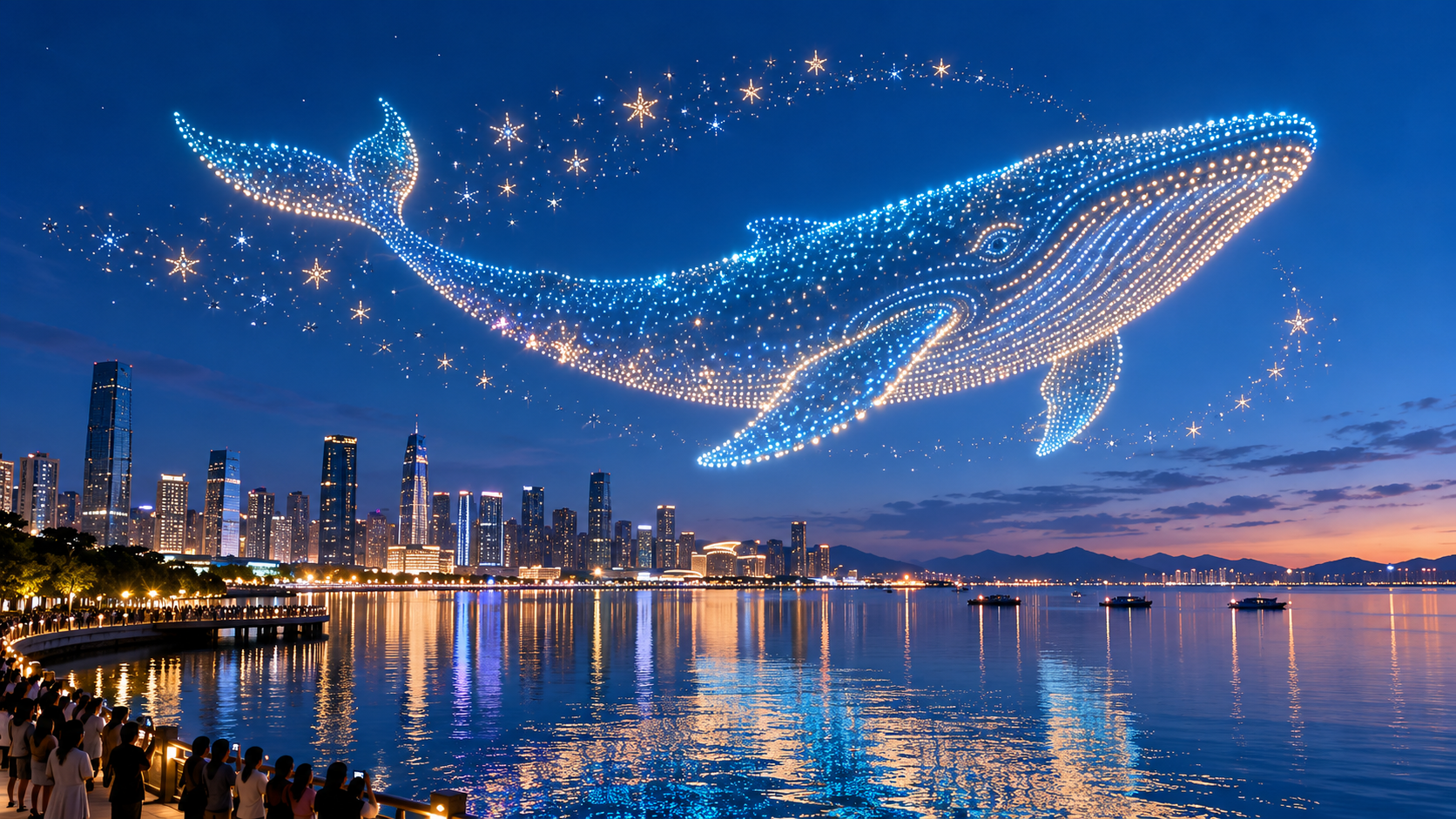 AI-generated concept of a luminous whale drone show over a waterfront